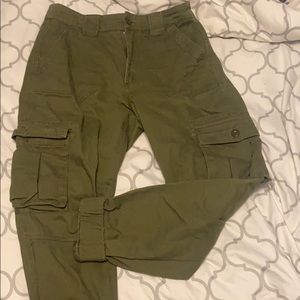 Army green cargo-style pants
